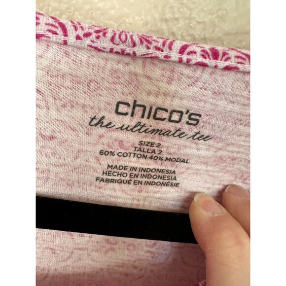 Chicos Womens Pink Blouse 2 Medium 3/4 sleeve round neck pullover cotton - Picture 3 of 5